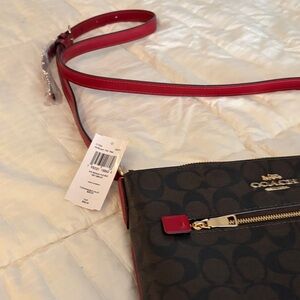 Coach Brown Crossbody Bag with Red Trim